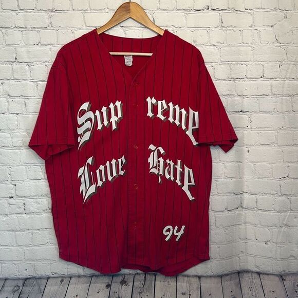 SUPREME Love Hate Red Baseball Jersey size L Large 100% Cotton Button up 2019 - Picture 1 of 4